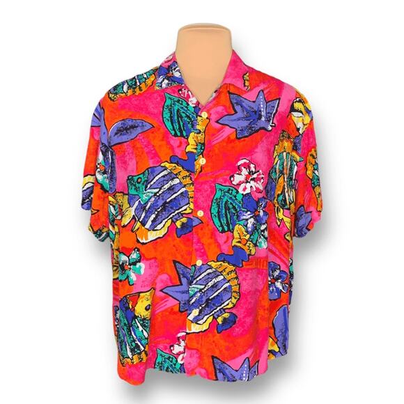 Vintage 90s Hilo Hattie Hawaiian Shirt Bright Tropical Fish Print Short Sleeve - Picture 3 of 11